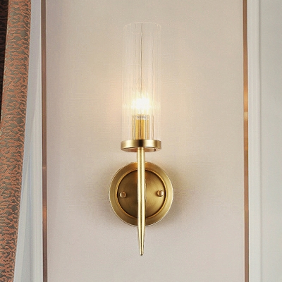 Gold Cylinder Sconce Light Fixture Contemporary 1 Light Clear Prismatic Glass Wall Mount Lamp