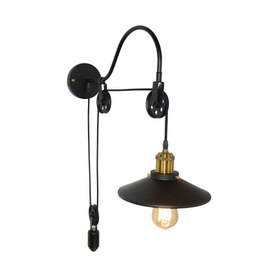 Iron Black Finish Sconce Lighting Wide Flare 1-Bulb Vintage Pulley Wall Mounted Lamp Fixture