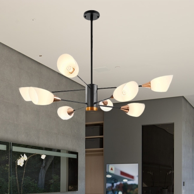 Iron Sputnik Chandelier Pendant Lamp Minimalist 8-Bulb Black Ceiling Hang Fixture with Floral White Glass Shade