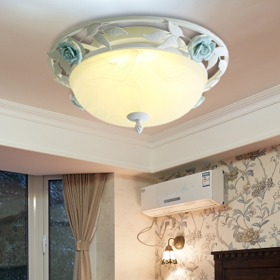 LED Bowl Ceiling Light Pastoral White Metal Flower Flush Mount Lighting for Dining Room, 16