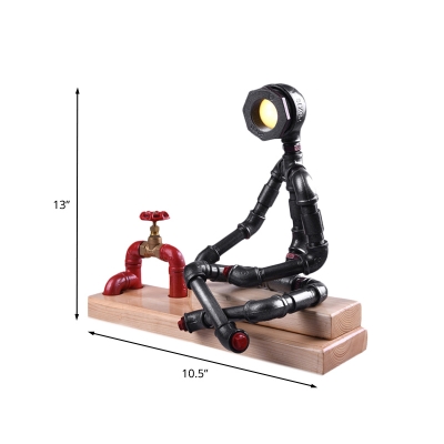 LED Cross Legged Thinker Table Light Vintage Black Iron Plug In Desk Lamp with Red Valve Deco and Rectangle Wood Base