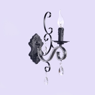 Metal Candel Wall Light wiht Crystal 1/2 Heads Antique Style Wall Lamp in Matte Black for Living Room