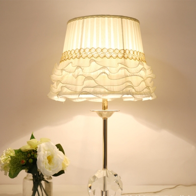 Modern Barrel Desk Light Fabric 1 Bulb Table Lamp in White with Ball Clear Crystal Base