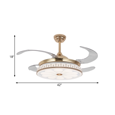 Modern Floral Ceiling Fan Light Metal Wall/Remote Control 4 Blades LED Semi Flush Lamp in Gold for Living Room, 42