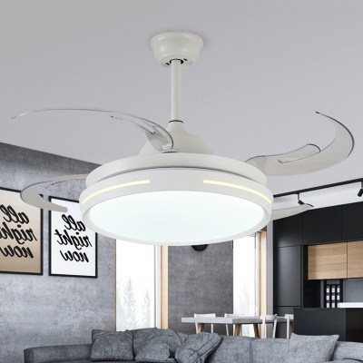 Modernist Drum Semi Flush Lighting LED Acrylic Pendant Fan Lamp Fixture in White with 8 Gold PC Blades, 42