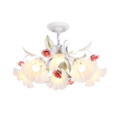 Pastoral Scalloped Chandelier Light Fixture 4/6/9 Heads Metal LED Hanging Lamp in White for Bedroom