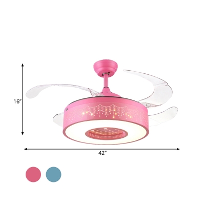 Pink/Blue Ring Fan Light Modernist Metal LED 4-Blade Semi Flush Mount Ceiling Lamp with Acrylic Shade, 42