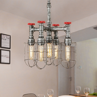 Silver 5 Heads Hanging Lighting Antiqued Metallic Piping Chandelier Pendant Lamp with Wire Cage