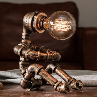 Sitting Robot Iron Small Desk Lamp Vintage 1 Light Coffee House Nightstand Light in Brass