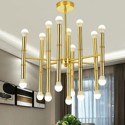 Slim Tube Living Room Pendant Metal 18 Lights Modernist Ceiling Chandelier in Gold with Radial Design