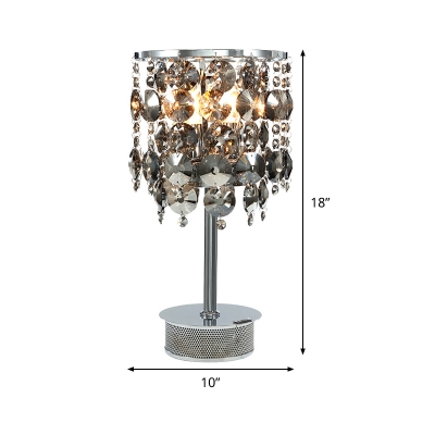Smoke Gray Crystal Cylinder Task Light Modern 2 Bulbs Nightstand Lamp with Metal Base