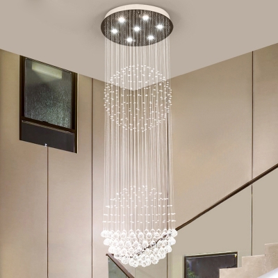 Spherical Multi Light Pendant Modernism Clear Crystal 7 Lights Stair LED Ceiling Suspension Lamp in White