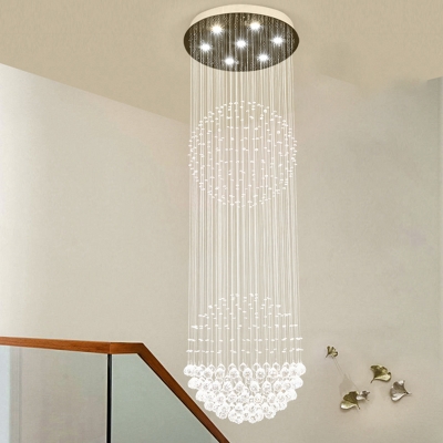 Spherical Multi Light Pendant Modernism Clear Crystal 7 Lights Stair LED Ceiling Suspension Lamp in White