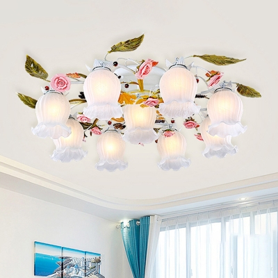 White 7/9 Lights Semi Flush Mount Country Frosted Glass Blossom Ceiling Mounted Light for Living Room