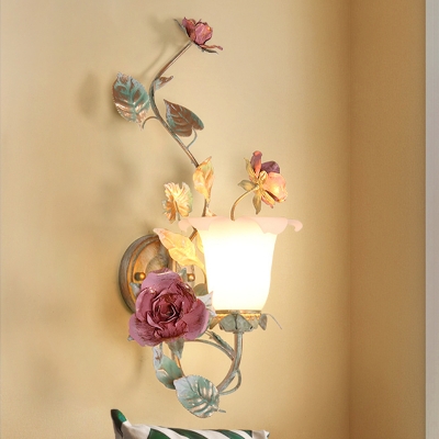 1/2 Lights Opal Glass Wall Sconce Countryside Green Bell Bedroom Wall Mounted Light with Rose Decor