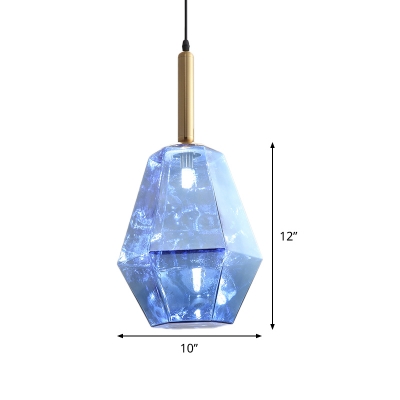 1-Head Dining Room LED Pendant Modernism Brass Hanging Light Fixture with Diamond Blue Glass Shade