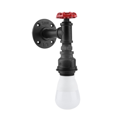1 Light Exposed Bulb Sconce Industrial Black Finish Metallic Wall-Mount Lamp with Water Valve Handle