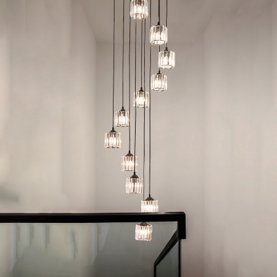 12 Bulbs Stair Cluster Pendant Modern Black Hanging Light Fixture with Drum Clear Crystal Shade