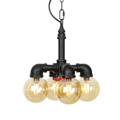 3/4 Heads LED Pendant Vintage Restaurant Ceiling Chandelier with Globe Amber Glass Shade in Black