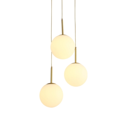 3 Heads Dining Room Hanging Lighting Modernist Brass Cluster Pendant Lamp with Ball Cream Glass Shade