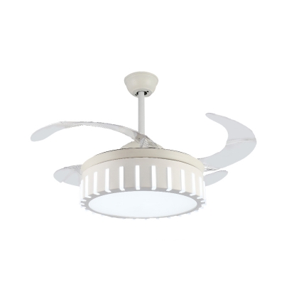 4-Blade Drum Metal Hanging Fan Lamp Modernism Living Room LED Semi Flush Mount Light in White with Acrylic Shade, 42