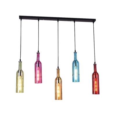 5 Bulbs Cluster Pendant Light Industrial Bottle Shaped Colorful Glass Ceiling Lamp in Black