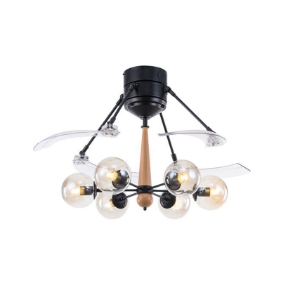 Black 6-Bulb Ceiling Fan Lighting Vintage Clear Glass Ball 4-Blade Semi Flush Lamp for Living Room, 48