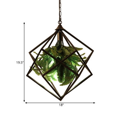 Black Geometric Plant Hanging Lamp Antique Metal 1 Bulb Restaurant LED Suspension Pendant, 18