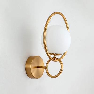 Brass Double Ring Sconce Lighting Contemporary 1-Head Metal Wall Mount Lamp with Orb Milky Glass Shade