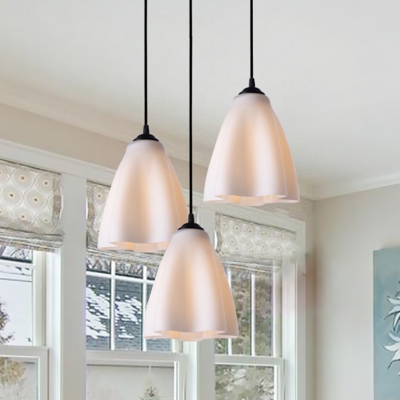 Contemporary 3 Bulbs Down Light with Rose Gold Glass Shade Black Flower Shape Cluster Pendant, Linear/Round Canopy