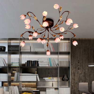 Countryside Floral Ceiling Lamp 20 Heads Metal LED Semi Flush Mount in Dark Brown for Living Room