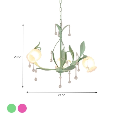 Cream Glass Pink/Green Chandelier Flower 3/6/8 Lights Traditionalism LED Drop Lamp for Bedroom