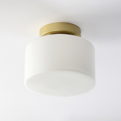 Drum Flushmount Lighting Modern White Glass 1 Light Hallway Ceiling Flush Mount in Brass