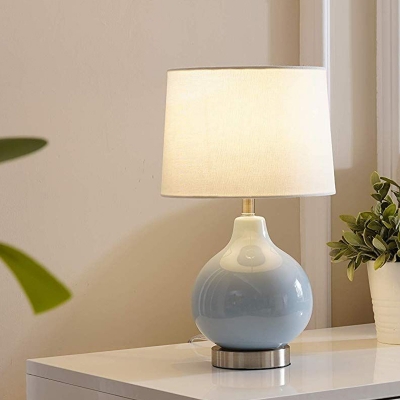 Drum Table Light Modern Fabric 1 Bulb White Desk Lamp with Onion Blue Ceramic Base