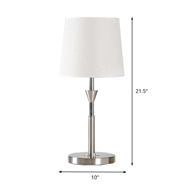 Flared Fabric Table Light Modern 1 Bulb White Small Desk Lamp with Silver Round Metal Base