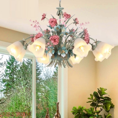 Green Floral Chandelier Lamp Pastoral Metal 5/8 Heads Living Room Ceiling Pendant Light