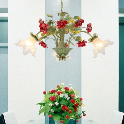 Green Scalloped Chandelier Pendant Light Pastoral Opal Glass 3/5/8 Heads Living Room LED Ceiling Lamp