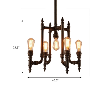 Industrial Water Pipe Chandelier 5-Bulb Metal LED Hanging Ceiling Lamp in Rust for Dining Room