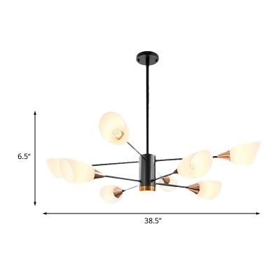 Iron Sputnik Chandelier Pendant Lamp Minimalist 8-Bulb Black Ceiling Hang Fixture with Floral White Glass Shade