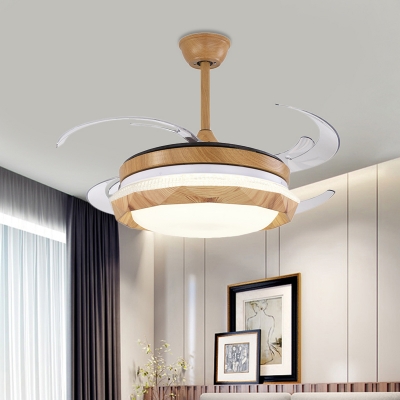 LED Ceiling Fan Lighting Modern Living Room 4 Blades Semi Flush Lamp with Dome Acrylic Shade in Wood, 48