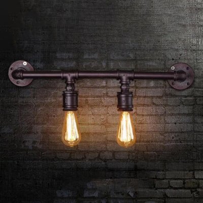 Linear Pipe Bar Sconce Lighting Rustic Iron 2/4 Lights Black Finish Wall-Mount Lamp
