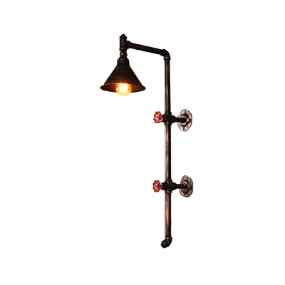 Metal Cone Wall Lighting Fixture Rustic 1 Bulb Corridor Sconce in Black with Pencil Arm and Valve Deco