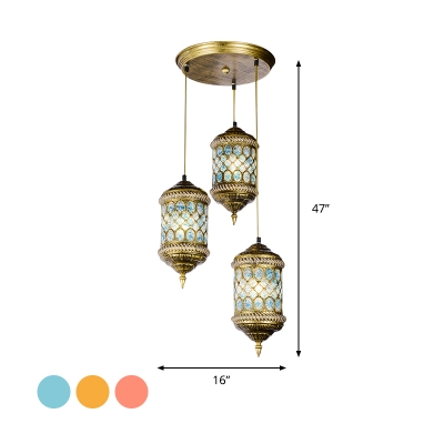 Metal Cylinder Cluster Pendant Light Antique 3 Bulbs Dining Room Down Lighting in Red/Yellow/Blue