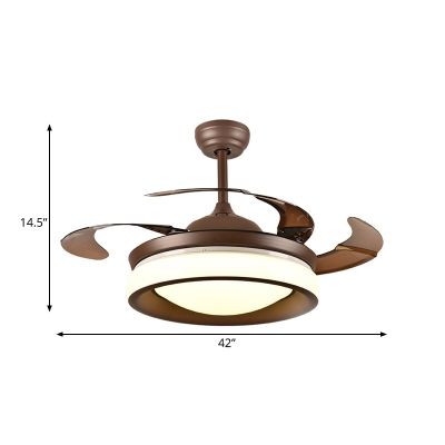 Metal Round 4-Blade Semi Flushmount Modern Living Room LED Hanging Fan Light in Coffee with Acrylic Shade, 42