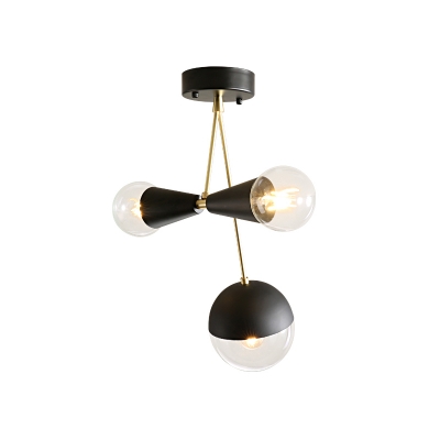 Modern Ball and Hourglass Flush Light Clear Glass 3 Lights Corridor Semi Flush-Mount Lamp Fixture in Black