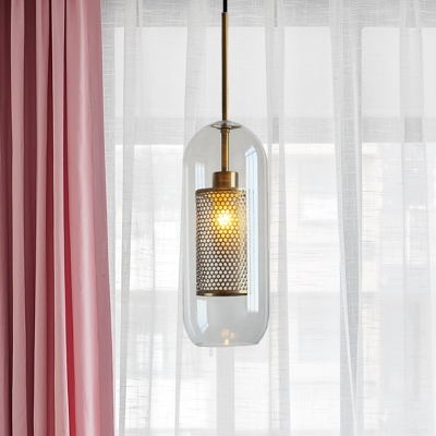 Modern Brass/Chrome Ceiling Pendant Capsule 1 Light Glass Hanging Light with Mesh Screen for Bedroom