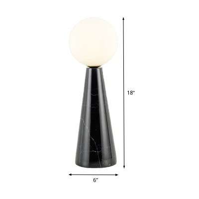Opal Glass Sphere Desk Light Modern 1 Bulb Task Lighting with Black/White Tapered Marble Base