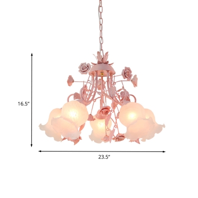Pink 5 Heads Chandelier Lighting Countryside Metal Floral Hanging Light Fixture with Frosted Glass Shade