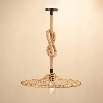 Rope Beige Hanging Light Kit Knots 1 Bulb Countryside Suspended Pendant Lamp with Flat Bamboo Hat Shade