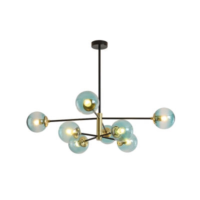 Sputnik Chandelier Modern Metal 8 Bulbs Living Room Pendant Light Fixture with Globe Blue Glass Shade
